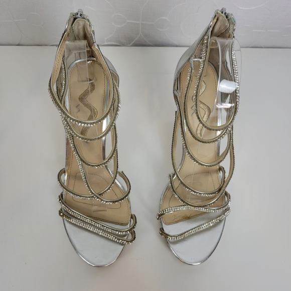 Nina Womens Heels Size 10 Silver Rhinestone Strappy Gladiator Back Zip - Picture 9 of 12